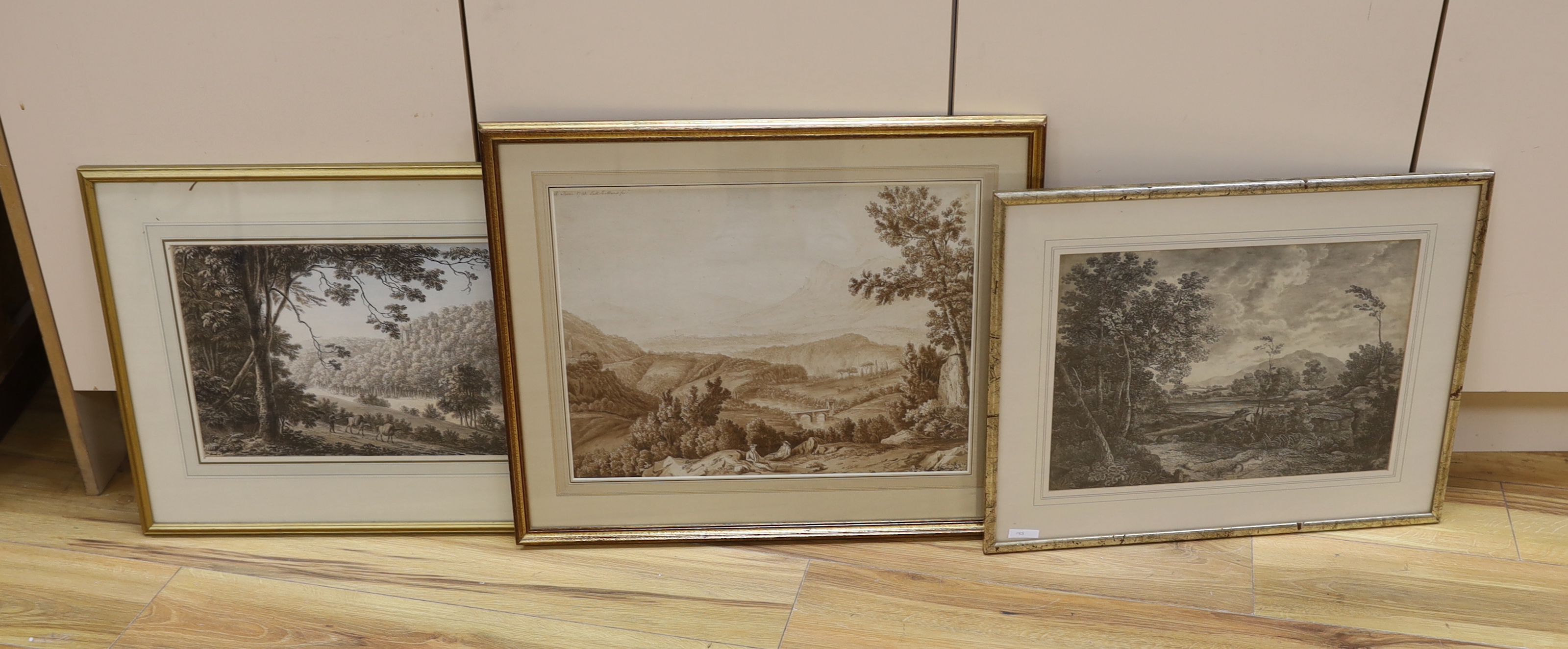 Anthony Devis (1729-1817), watercolour, Mountainous landscape with pack horses, gallery label verso, together with two further ink and washes, landscapes, largest 25 x 37cm